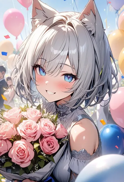 silver hair, 1 girl, (((best quality)), ((masterpiece)), (details), masterpiece, best quality, high quality, super detailed, perfect face, ((1 girl, Blue eyes, Cat ears: 1.3 silver bob: 2.5,)),Shiny Hair、Shiny skin、smile、Alluring expression、bouquet、balloon...