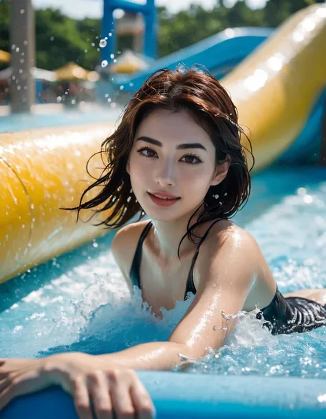 An upper body beautiful cute Japanese woman, still from the film, (Anne Hathaway look alike face: 0.7), cute sexy woman sliding down the tube at the water park, water splash, daylight (freckles:0.4), Leica SL3, Summicron-SL 75 f/2 ASPH, Kodak Gold 200 film...