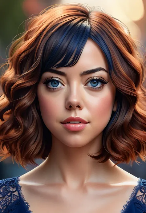 Beautiful boho women stunning merge of Aubrey Plaza with Navy-blue-dress. blue lace. copper colored hair that is coarse, wiry, and tightly curled. It often has a rough texture, feels stiff to the touch, and may be prone to frizz and tangling. The curls can...