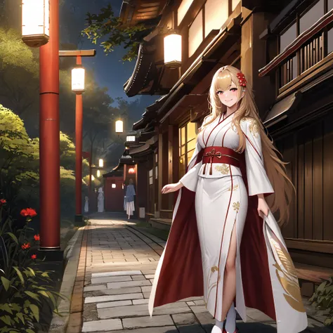 A woman wearing a long-sleeved white yukata, golden leather designs on the yukata, red fur cape on the shoulders, standing, white socks, Japanese slippers, walking on a traditional Japanese sidewalk, daytime, with trees around, breasts big, blonde hair, re...