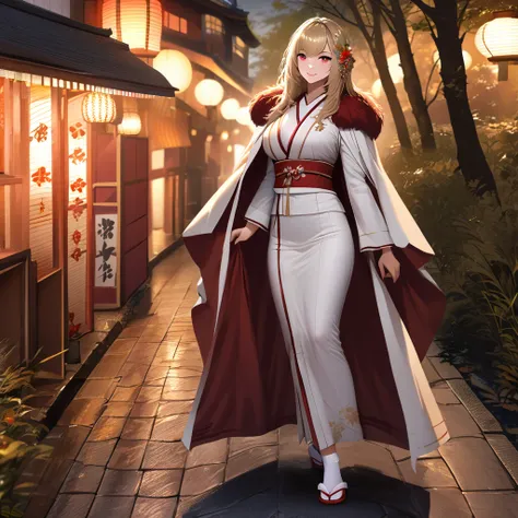 A woman wearing a long-sleeved white yukata, golden leather designs on the yukata, red fur cape on the shoulders, standing, white socks, Japanese slippers, walking on a traditional Japanese sidewalk, daytime, with trees around, breasts big, blonde hair, re...