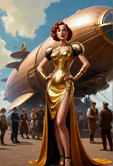 there&#39;s a woman in a futuristic dress standing in front of a bunch of people, large dieselpunk airships, dribble, inspired by Gil Elvgren, fantasy paladin woman, inspired by Mark Brooks, [ blisters, portrait of helen of troy, sci - fi : :, golden armou...