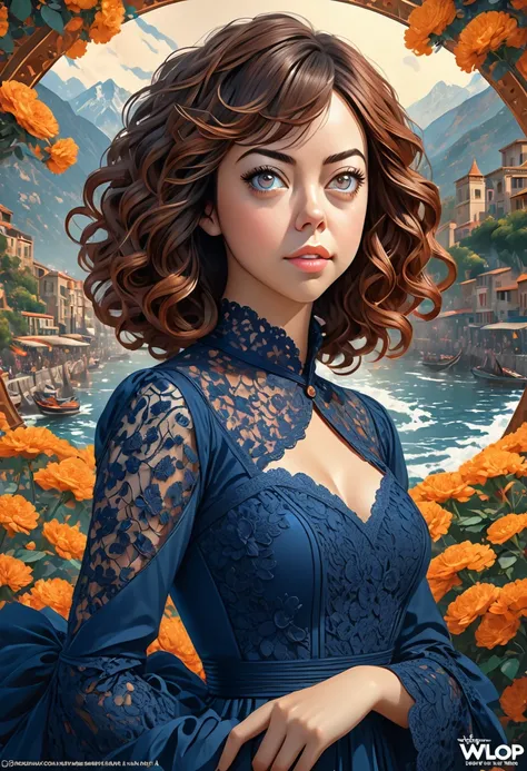 Beautiful boho women stunning merge of Aubrey Plaza with Navy-blue-dress. blue lace. copper colored hair that is coarse, wiry, and tightly curled. It often has a rough texture, feels stiff to the touch, and may be prone to frizz and tangling. The curls can...