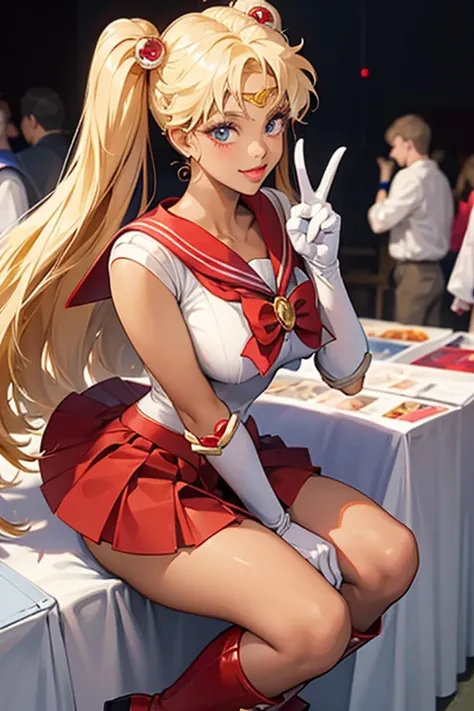 A dark-skinned blonde girl dressed as Sailor Moon, wearing red boots and white gloves, making a peace sign at the Comiket venue.　Thick lips