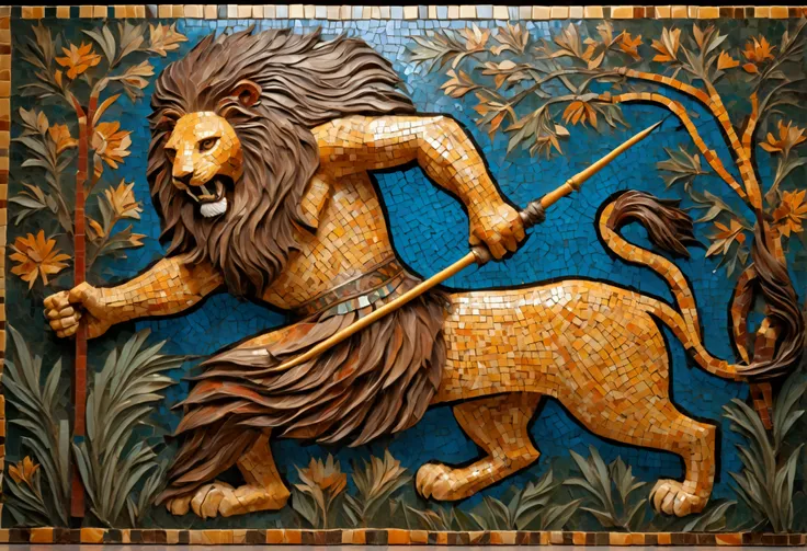 (colorful tile mosaic) A powerful nubile man with a spear battles a lion, highly stylized
