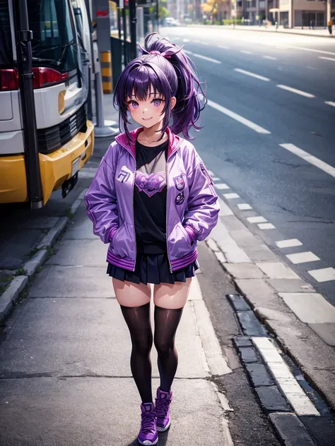 Best Quality，Young Girl， girl，Light novel，Elementary school girl，Beautiful girls，８K，Perfectly portrayed，Hands in pockets，ponytail，Purple Eyes，Purple Hair，smile，High quality，future fashion，Coordination，Absurd，colorful，masterpiece，Long Hair，Blue Track Jacket...