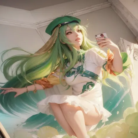 realistic girl with green hair and a green hat holding a cell phone, style artgerm, style of artgerm, extremely detailed artgerm, artgerm style, cushart krenz key art feminine, artgerm lau, splash art anime , artgerm. beautiful illustration, in style of ar...