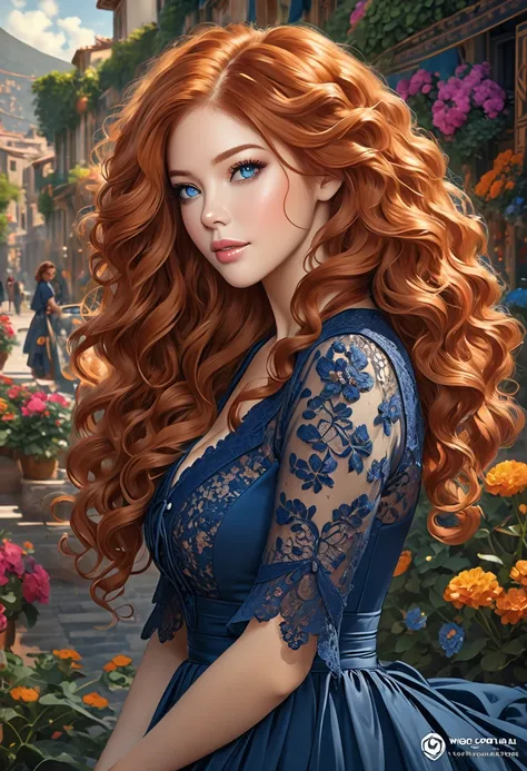 Beautiful boho women stunning merge of Rachelle Lefevre. with Navy-blue-dress. blue lace. copper colored hair that is coarse, wiry, and tightly curled. It often has a rough texture, feels stiff to the touch, and may be prone to frizz and tangling. The curl...