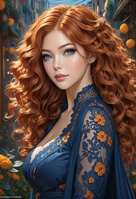 Beautiful boho women stunning merge of Rachelle Lefevre. with Navy-blue-dress. blue lace. copper colored hair that is coarse, wiry, and tightly curled. It often has a rough texture, feels stiff to the touch, and may be prone to frizz and tangling. The curl...