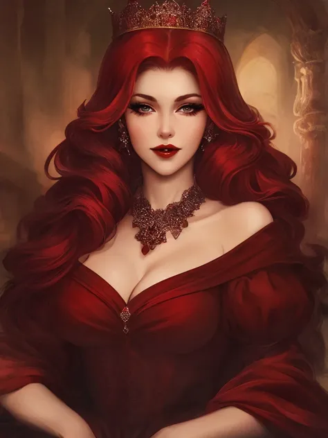 {{Renaissance style}}, 1girl, {{medieval evil queen}}, 45 year old woman milf, {{old features}}, curvy body, chubby body, soft tummy, thick thighs, cruel smile, intimidating sensual expression, {{mature face}}, black eyes, perfect eyes, {{long red hair}}, ...