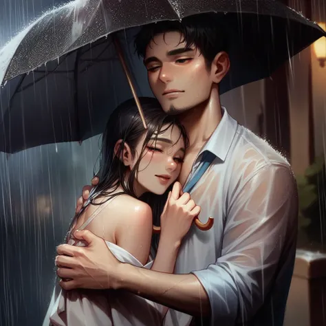 a pair of Asian lovers who were caught in the rain, The handsome man held up an umbrella to shade the beautiful and cute woman. The woman was hugging the man&#39;s body while closing her eyes and smiling sweetly, The rain around her was very heavy and some...