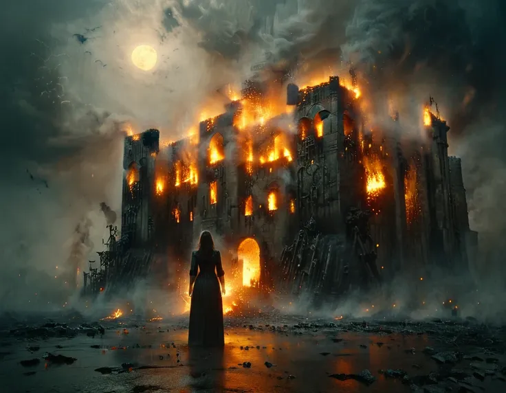 cinematic still vampire woman standing in front of burning castle, at night, full moon in the sky，there are storm clouds in the ...