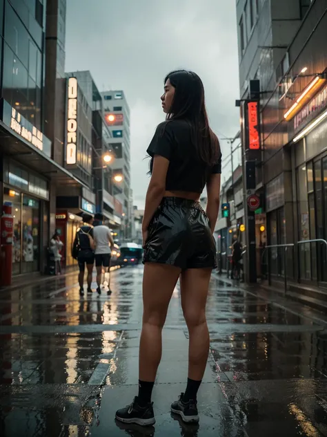 Photo, two young Thai men and women, wearing nurse uniforms, standing in a rain-soaked futuristic cityscape, shiny rubber shorts, she stands in the rain, reflective surface that emphasizes the rain around her, blurred city lights in the background, creatin...