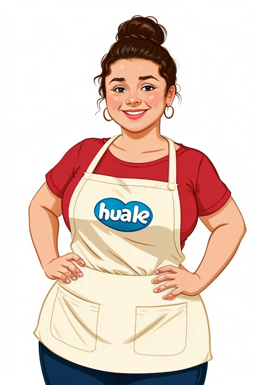 Animated cartoon of a very short, chubby lady with broad shoulders and slightly curly hair tied up in a bun. She is wearing jeans and a t-shirt, with a hamburger apron. She is smiling forward, with one hand on her waist and the other giving a thumbs-up, ag...