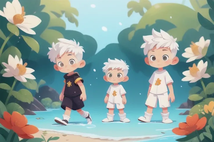 Rear view, Front view, Multiple Views,  Concept Art,Original Characters，Shota with white hair and white socks walks in the sea of flowers