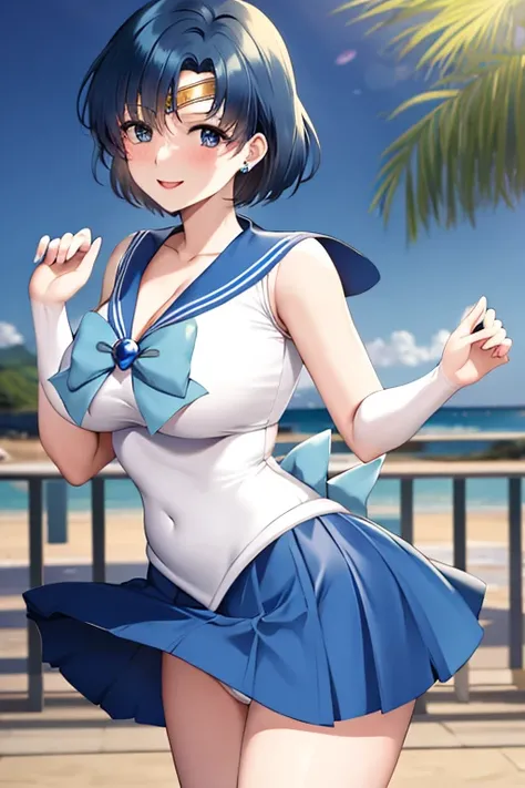 masterpiece, high definition, best quality, rendered art, well formed hands, fingers and body, 1 woman, solo, sailor Mercury , adult, grown up, large and round breasted, cleavage, full body, , sexy sailor senshi uniform, short blue skirt, red boots, gorgeo...