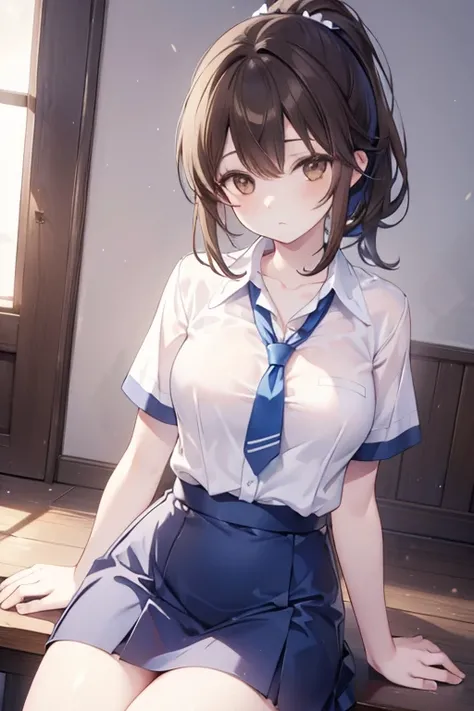 koganetsukioka, kogane tsukioka, (brown eyes:1.5), brown hair, hair tie, ponytail,
BREAK bare legs, blue skirt, collarbone, collared shirt, miniskirt, shirt, short sleeves, skirt, tented shirt, tied shirt, tight clothes, tight shirt, white shirt, wing coll...