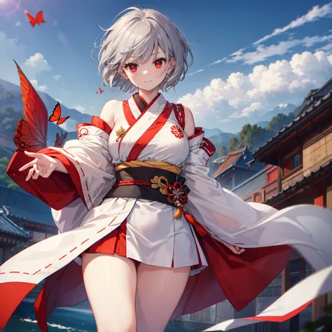 (((((1 person　Gray Hair、short hair、Red Sideburns　White and red clothes、shoulder)))))　((((High resolution　Put the sheath on your waist　Visible thighs))))　(((Black Belt　warrior　military commander、Close-up　smile　Red eyes)))　((Bright red butterfly　night　Japane...