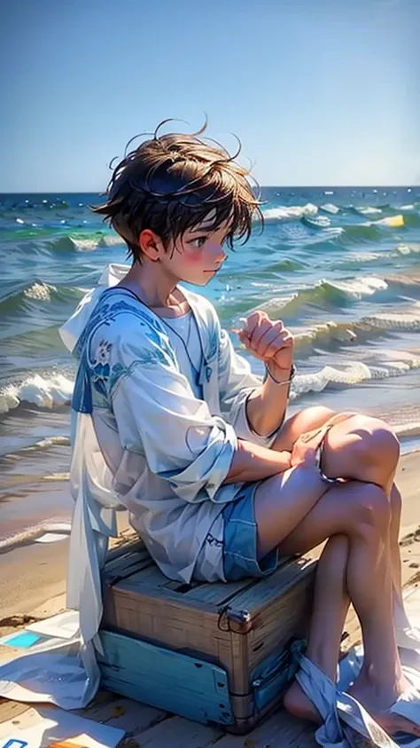 A boy sitting on the beach enjoying the beauty of the sea. The color of the sea water is blue. The color of the sky is orange. Birds are flying in the blue sky. Shocking scene.