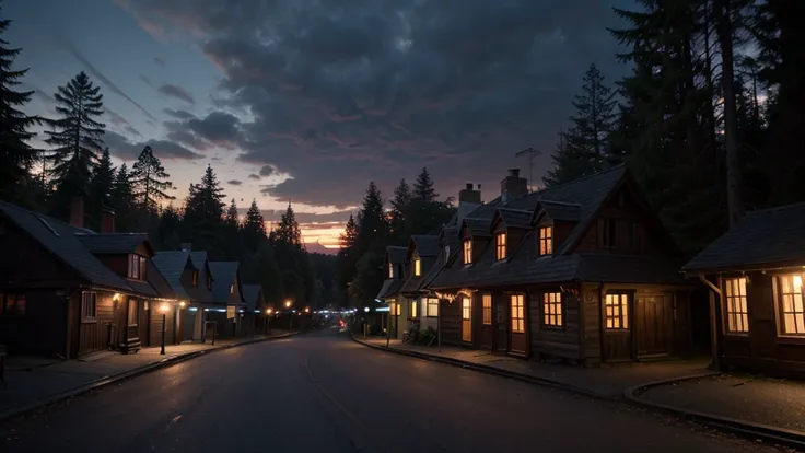 Create a realistic scene of a quaint Victorian town at dusk, surrounded by a dense, foreboding forest. The sky is a deep purple as the sun sets, casting long shadows over the cobblestone streets. In the distance, the dark forest looms, with tall trees silh...