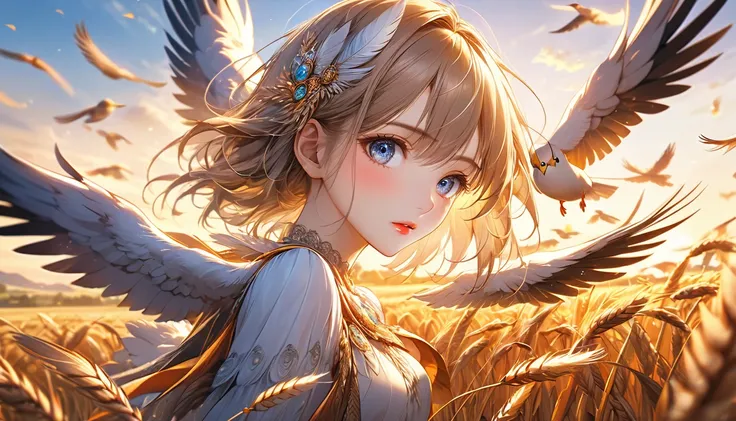 1 flock of migratory birds flying over a wheat field, birds eye view, anime, beautiful detailed eyes, beautiful detailed lips, extremely detailed eyes and face, long eyelashes, detailed feathers, intricate wing movements, golden hour lighting, vibrant colo...