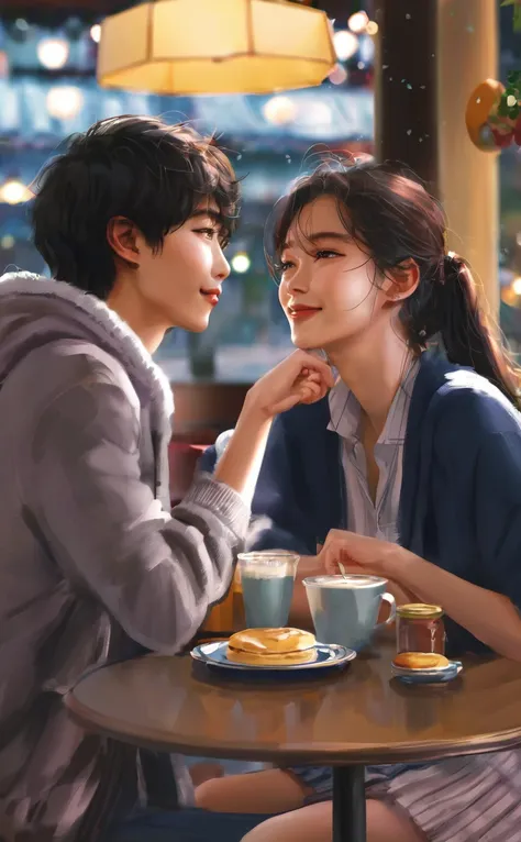 scene in a cozy cafe in seoul. mariana, young brazilian woman, bumps into jae-sung, young korean man. their eyes meet and shy sm...