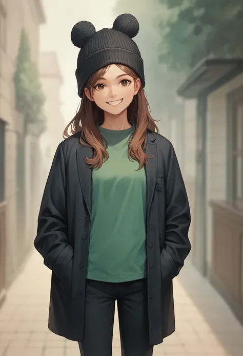 girl, brown hair, long hair, knit hat, black hat, black coat, green under-shirt, black pants, smile, 3d