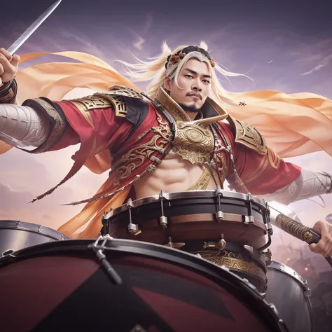 realistic caracter a close up of a person with a drum and a sword, extremely detailed artgerm, keqing from genshin impact, heise jinyao, sakimichan frank franzzeta, by Yang J, zhongli from genshin impact, by Qu Leilei, rossdraws cartoon vibrant, ig model |...