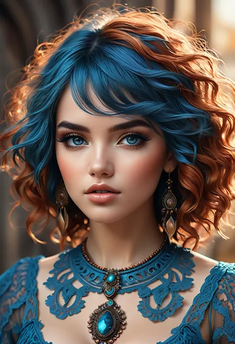 Beautiful boho women stunning merge of Nathalie Emmanuell. with southwestern style dress. blue lace. copper colored hair that is coarse, wiry, and tightly curled. It often has a rough texture, feels stiff to the touch, and may be prone to frizz and tanglin...