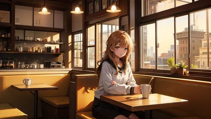 Girl listens to making coffee in a coffee shop,2D anime style, The morning air was clear. ,Warm atmosphere,