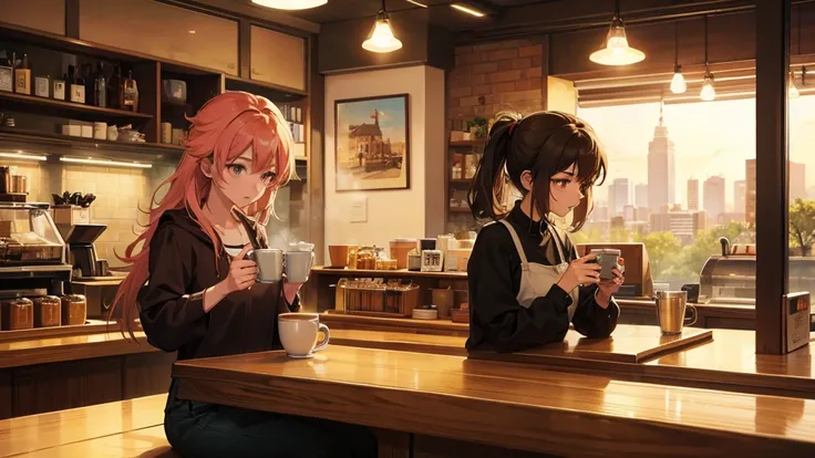 Girl listens to making coffee in a coffee shop,2D anime style, The morning air was clear. ,Warm atmosphere,