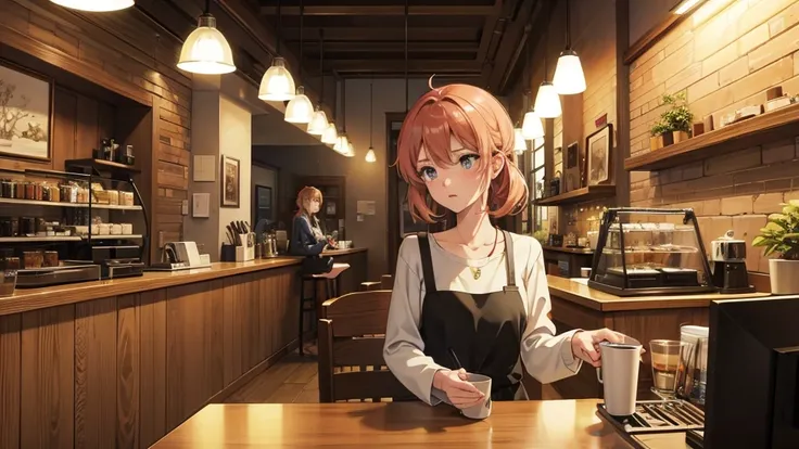 Girl listens to making coffee in a coffee shop,2D anime style, The morning air was clear. ,Warm atmosphere,