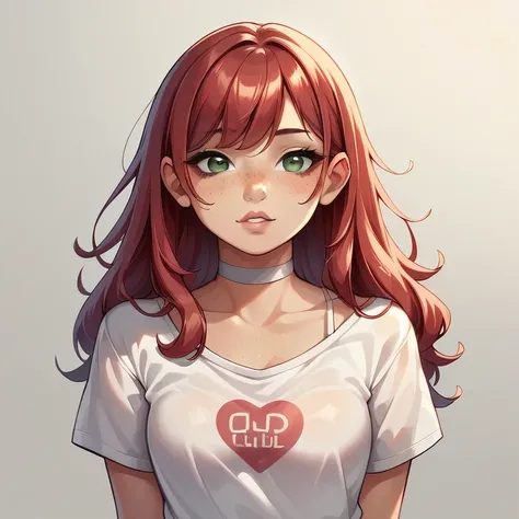 score_9,score_8_up,score_7_up,score_6_up,score_5_up,score_4_up, 14歳, straight chest 1 girl, 14 years old, teenager, pretty girl, red hair, loose hair on her shoulders, hair with bangs, pretty nose. seductive lip, seductive innocent look, white choker, pink...