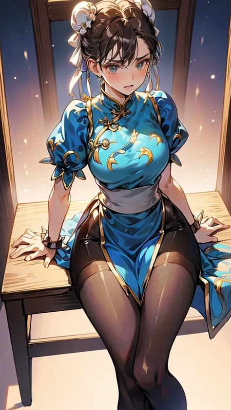 {{masterpiece}}, {{{Highest quality}}},{{Very detailed}},sf2 to,Chunli,Sitting in a chair in an office with a serious expression,,from below,Cowboy Shot,Focus on legs｛{{Sitting in a chair in an office with a serious expression成熟した女性}}｝,{{疲労でSweatをかいている成人女性...