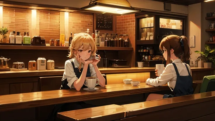 Girl listens to making coffee in a coffee shop,2D anime style, at night ,Warm atmosphere,