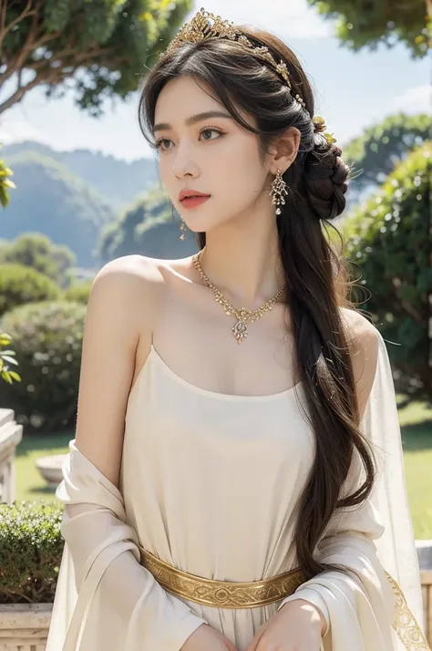 (((best quality))),(((ultra detailed))),(((masterpiece))),illustration,((1 beautiful girl, ancient Greek princess,solo)),(shoulder length straight hair:1.2),((earrings,necklace)),((slim,thin)),((small breasts,flat chest)),stunning, (magnificent flowing gow...