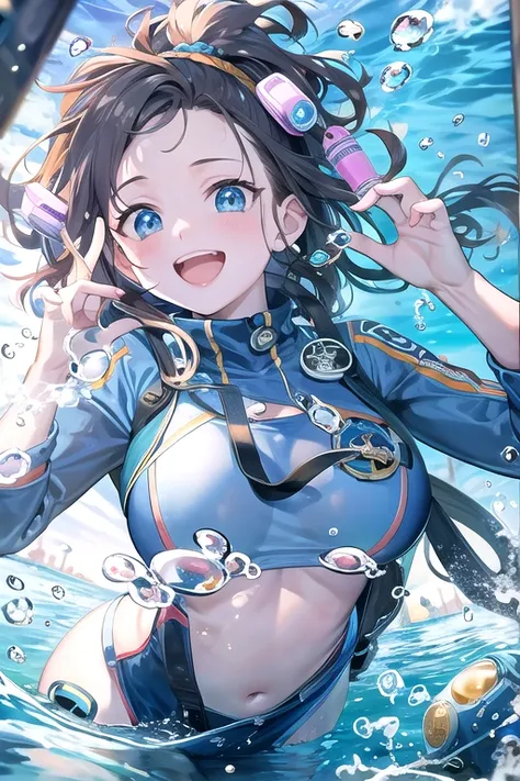 ((scuba diving))、((Highest quality))、((masterpiece))、(detailed)、((Anatomically correct))、(High resolution、8k)、(Beautiful Skin:1.1)、One woman、Look at me、(Beautiful eyes:1.2)、smile、Open your mouth wide、whole body、Cleavage、Blue transparent sea、Sea、Dynamic com...