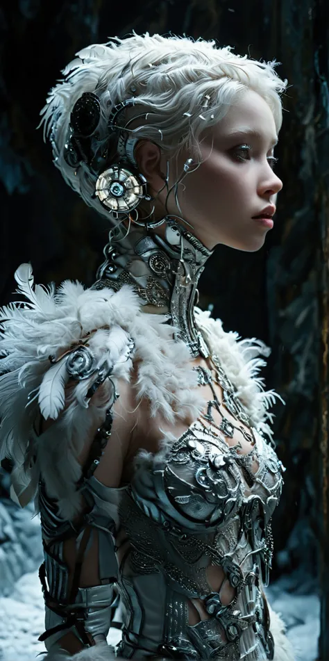 In a dimly lit, dark environment, a cyborg Eskimo princess stands majestically, Eiko Ishioka-inspired fashion costume adorning her cybernetic body. Fur and feathers mesh with metal and leather textures, damask fabric flowing like a river across her torso a...