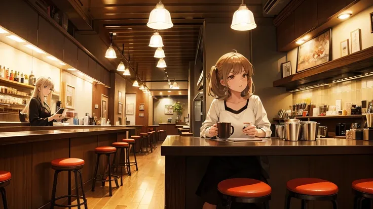 Girl listens to making coffee in a coffee shop,Anime style, at night ,Warm atmosphere,Sit alone.,