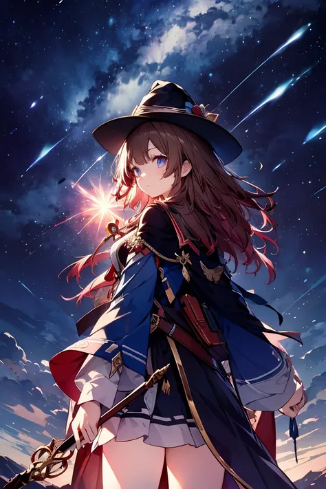 (masterpiece), detailed face, detailed fingers, magical girl, (wizard hat), (wide-brimmed hat), background (shooting stars, nigh...