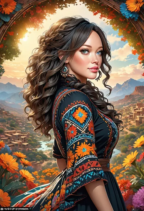 Beautiful boho women stunning merge of Hilary Duff. with southwestern style dress. . dark-black colored hair that is coarse, wiry, and tightly curled. It often has a rough texture, feels stiff to the touch, and may be prone to frizz and tangling. The curls...