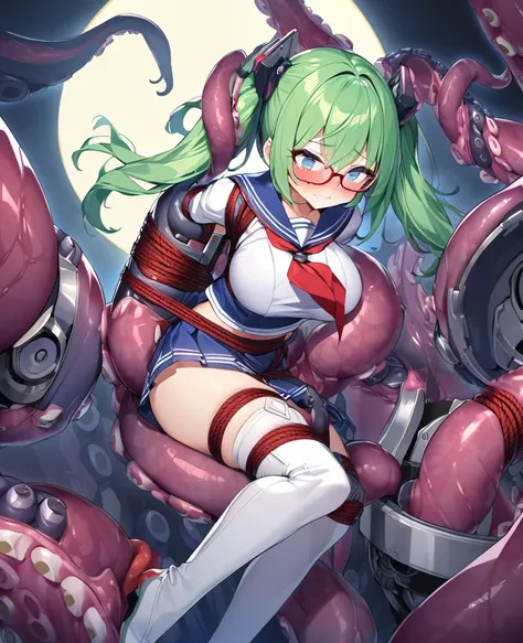 One Woman、Braided twin tails、Huge breasts、（Huge breasts：1.8)、Glasses、blue eyes、Green Hair、,((Sailor Warriorini skirt))、((Embarrassed expression))、((full moon))、((Picture below))、((Thigh-high boots))、((length))、((White length Gloves))、((White panties))Iron ...