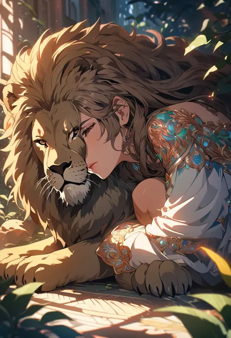 A crouching girl with a sad expression, a large lion comforting her, intricate detailed face, beautiful eyes, long eyelashes, delicate features, detailed skin texture, ornate background, sunlight filtering through leaves, cinematic lighting, vibrant colors...