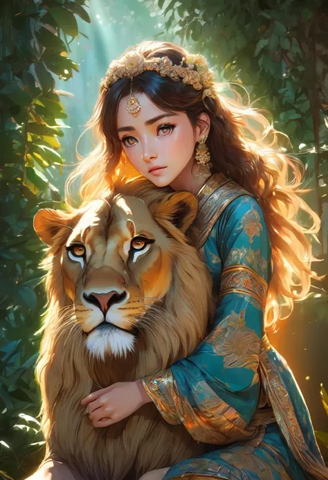 A crouching girl with a sad expression, a large lion comforting her, intricate detailed face, beautiful eyes, long eyelashes, delicate features, detailed skin texture, ornate background, sunlight filtering through leaves, cinematic lighting, vibrant colors...