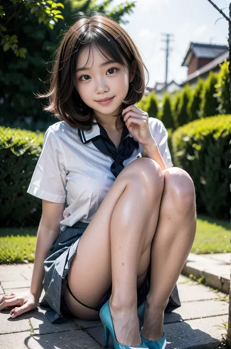 Pure Young Japanese Girl, wearing Summer uniforms, high heels, In the summer sunshine, Sitting, No makeup, Natural short Hairstyles, Sexual attraction, temptation to sex, sweet smile, natural body, beautiful legs, hair is fluttering in the fresh wind, lift...