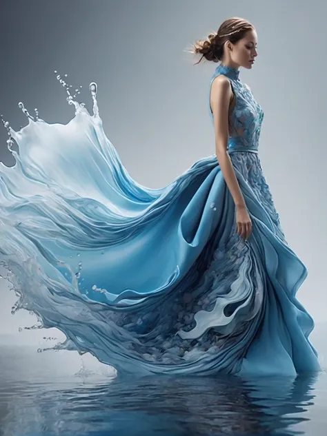 a girl，wearing a gorgeous outfit made of water，exquisite dress，elegant water dress，gorgeous and elegant，luxurious clothing，inspi...