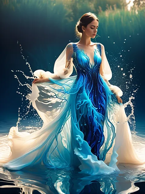 a girl，wearing a gorgeous outfit made of water，exquisite dress，elegant water dress，gorgeous and elegant，luxurious clothing，inspi...