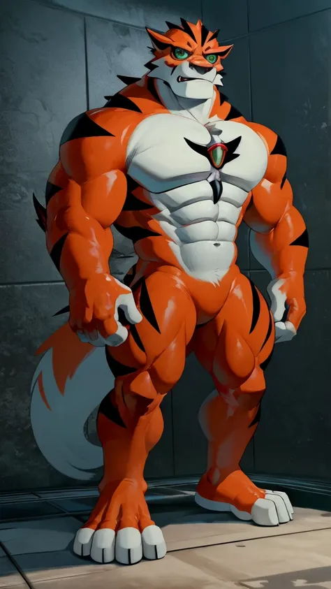 best quality,1boy,solo,muscular male,hi res,8k hd,looking at viewer,arms_raised,(by cartoon-network,takahirosi:1.5),masterpiece,best quality,(rath_(ben_10),orange skins):0.9,solo,hi res,8k hd,((nudiest:1.7)),green eyes,full body shot,((show legs&feet)),whi...