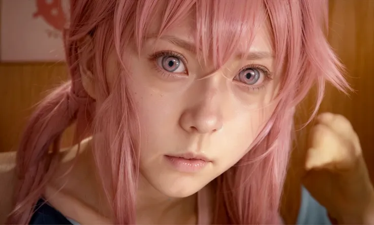 a woman with pink hair and blue eyes looking at the camera, mirai nikki, zero two, another close-up of iwakura, another close-up...