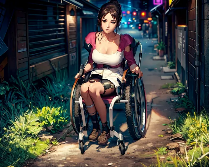 best quality, very detailed, highres, full body, break, solo, a girl sitting in a futuristic wheelchair. she is around a cyberpu...